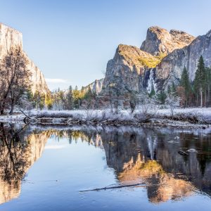 Beautiful view from the Valley of Yosemite National Park Winter Wonderland with the Bridalveil Fall and El Capitan in December 2019, California, United States of America.