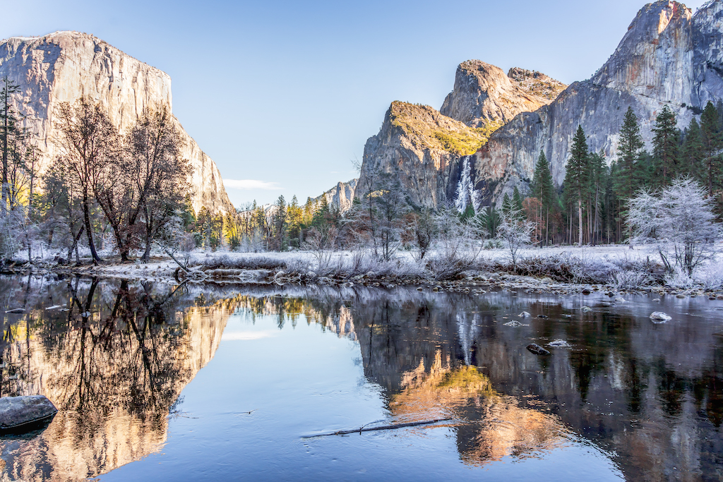 Beautiful view from the Valley of Yosemite National Park Winter Wonderland with the Bridalveil Fall and El Capitan in December 2019, California, United States of America.