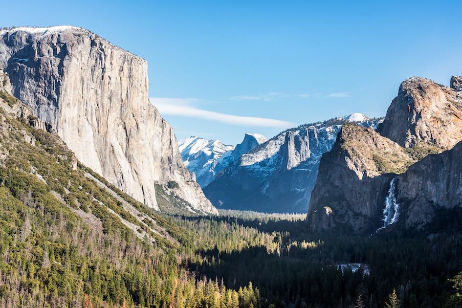 Yosemite National Park Valley, El Capitan and Bridalveil Fallfrom Tunnel View in December 2019, Mariposa County, Western Sierra Nevada mountains, California, United States of America.