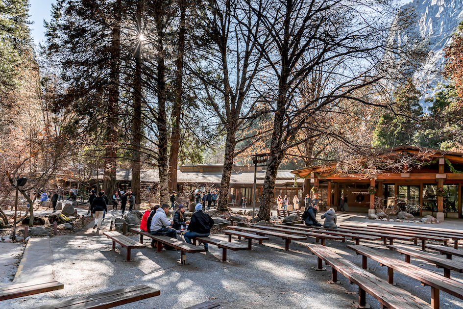 Yosemite National Park, California, United States of America - December, 2019 - Food court for tourists in the middle of the forest, by the end of Autumn and beginning of Winter Season.