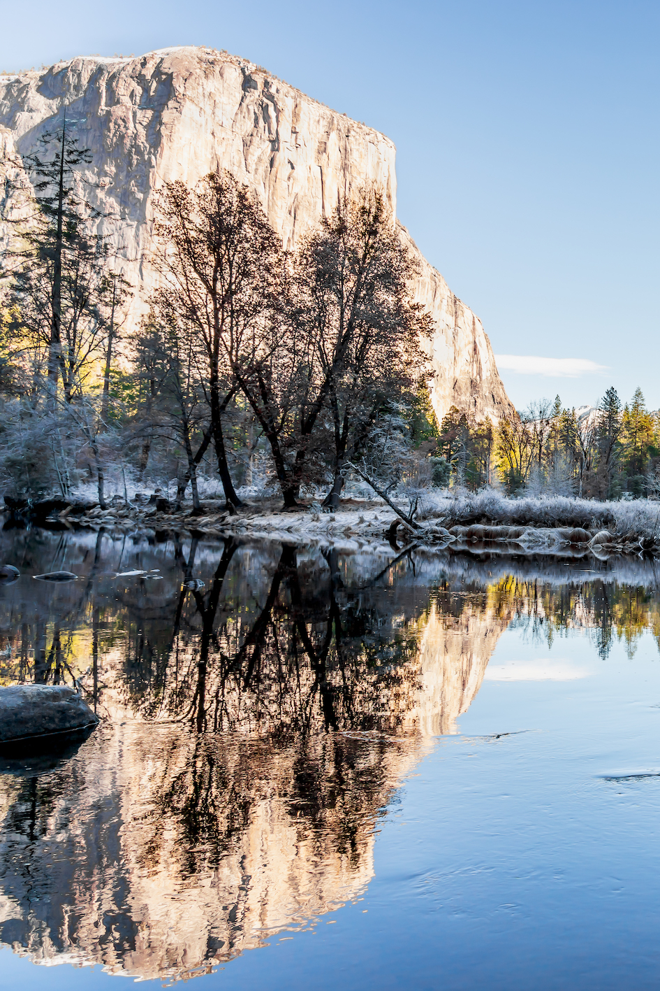 Beautiful view of Yosemite Winter Wonderland from the Valley with snow, Mountains and beautiful trees at Yosemite National Park, California, United States of America.