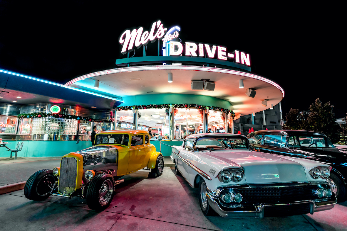 ORLANDO, FLORIDA, USA - DECEMBER, 2017: Beautiful Night at Mel's Drive-In restaurant with vintage classic cars at Universal Studios Florida